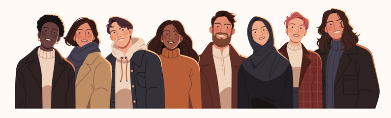 Diverse group of people standing together, representing various cultures, professions, and ages. Stylish individuals in casual and formal outfits, symbolizing unity, inclusivity, and global diversity.