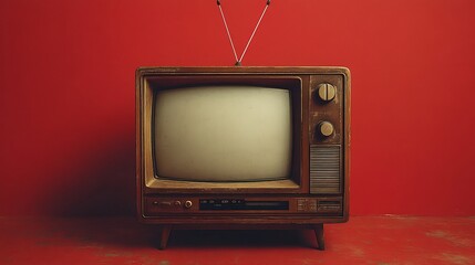 Creative vector illustration of a retro box television with antennas placed on a bold red background perfect for nostalgic media branding