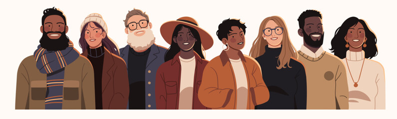 Diverse group of people standing together, representing various cultures, professions, and ages. Stylish individuals in casual and formal outfits, symbolizing unity, inclusivity, and global diversity.