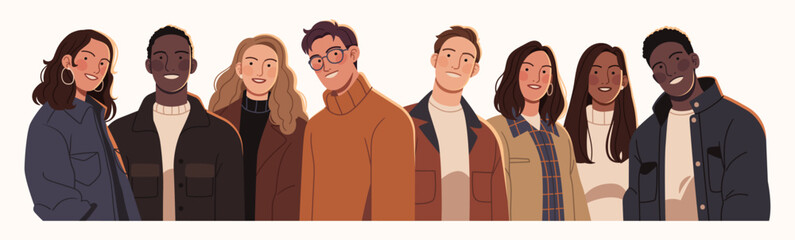Diverse group of people standing together, representing various cultures, professions, and ages. Stylish individuals in casual and formal outfits, symbolizing unity, inclusivity, and global diversity.