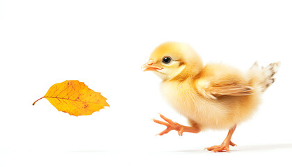 A charming yellow chick excitedly approaches a vibrant autumn leaf, capturing the essence of curiosity and playfulness.