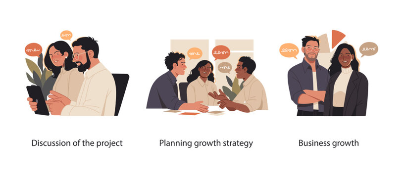 Business illustrations featuring professionals engaged in project discussions, strategic planning, and business growth. Ideal for concepts related to teamwork, leadership, and corporate success.