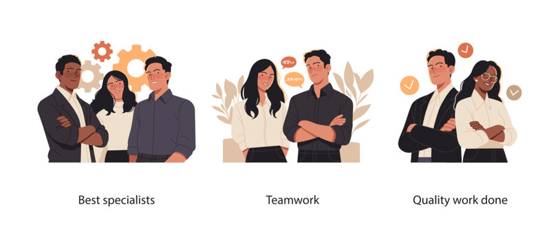 A professional business illustration set showcasing skilled specialists, effective teamwork, and successfully completed work. Represents collaboration, expertise, and high-quality results.