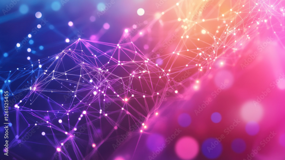 Poster abstract background with polygonal network lines and dots on a gradient color background of purple