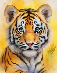 Fototapeta premium Tigerbaby, gelber Hintergrund