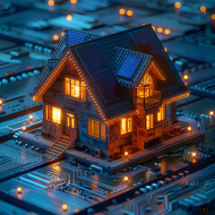 Obraz premium Miniature House with Solar Panels on Circuit Board