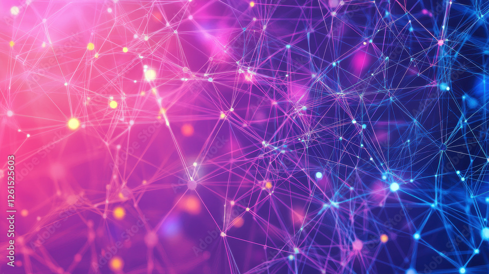 Poster abstract background with polygonal network lines and dots on a gradient color background of purple