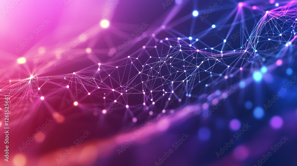 Poster abstract background with polygonal network lines and dots on a gradient color background of purple