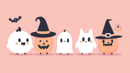 Obraz premium Cute Halloween Characters in Minimalist Cartoon Style