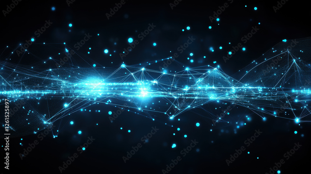 Poster abstract digital background with glowing blue particles and network connections on a dark background