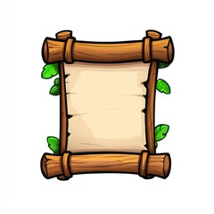 Blank parchment scroll with wooden rollers and green leaves, isolated on white background.