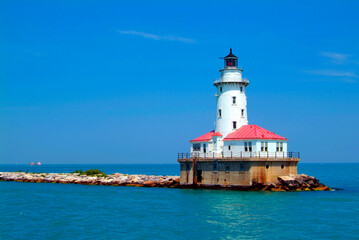 Downtown city of Chicago Illinois IL with the lighthouse guarding Chicago Harbour and the tall ship Windy. 