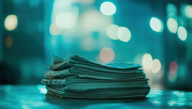 Stack of Newspapers on Table, City Night Lights Blurred Background