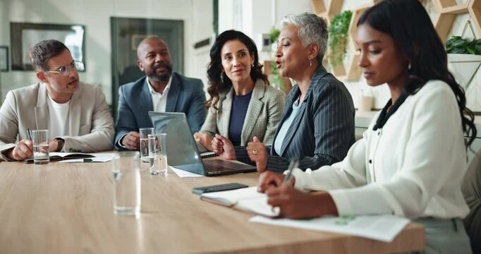 Business people, financial advisor and presentation with laptop, budget and audit for customer portfolio. Woman, accountant or agent meeting with tech for consultation advice or assistance review