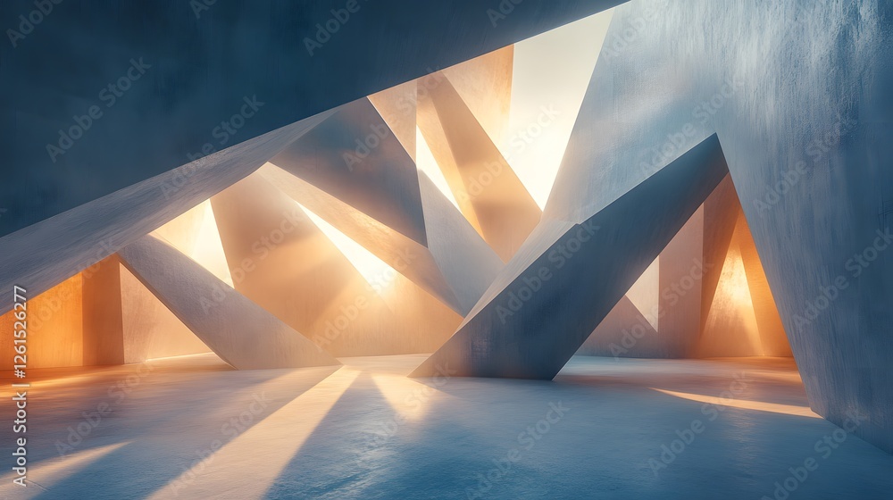 Poster large white structure in minimalist room with light casting angular shapes on textured surface