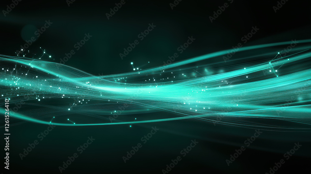 Poster abstract background with glowing lines and dots in teal color on a dark green background