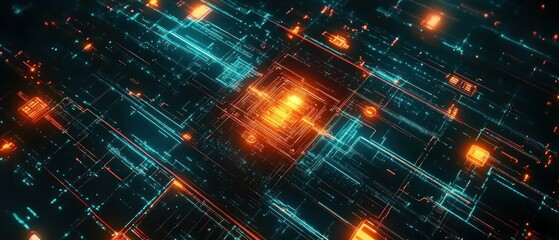 Abstract Digital Circuitry: Glowing Neon Lines and Orange Core