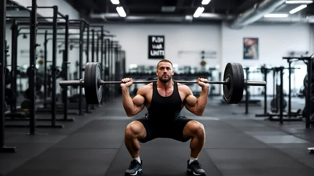 A fit man in a gym is engaged in a barbell exercise, likely a front squat or a similar weightlifting movement.