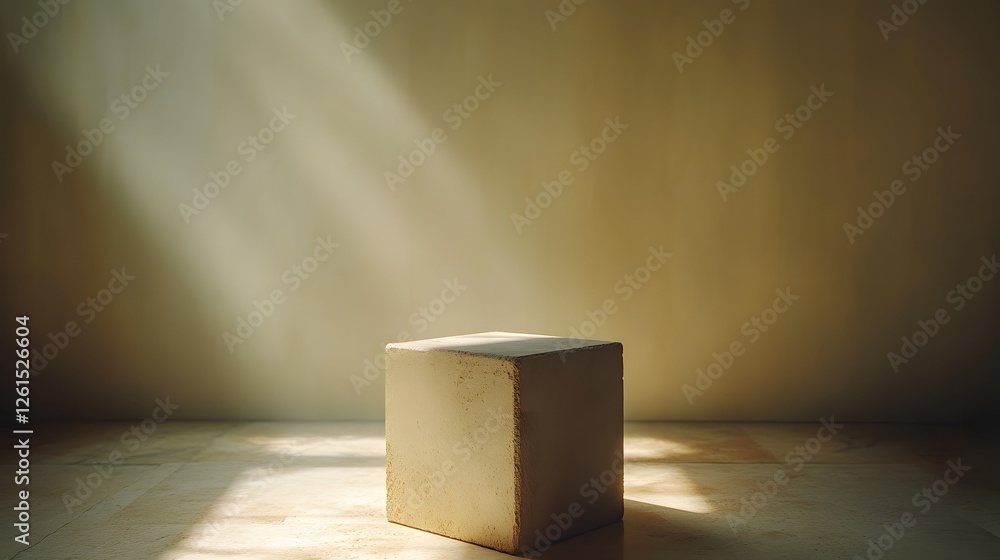 Aufkleber minimalist 3d white cube on a clean floor with simple geometric design and clear shadows