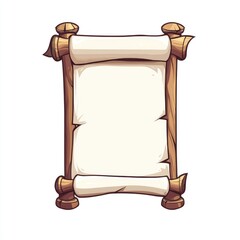 Blank parchment scroll with wooden rollers, isolated on white background.  Ideal for game design, medieval theme, or historical context.