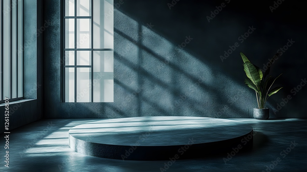 Poster plant in a white pot on a round table with minimalist circular forms in soft muted tones