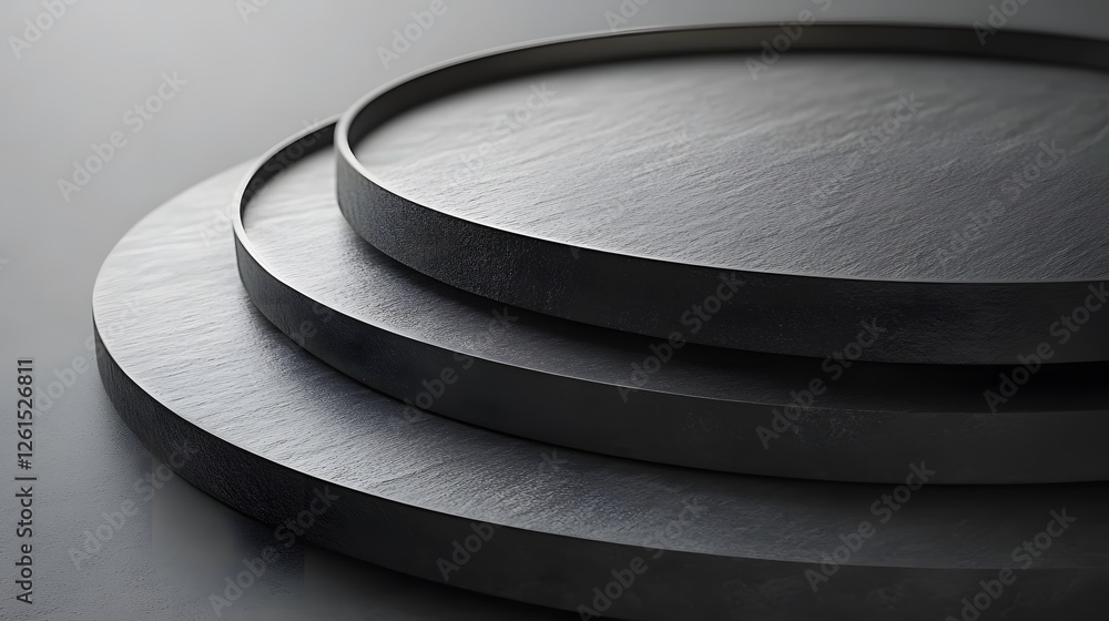 Poster stack of metal plates on a table with simple circular forms in muted tones and minimalist design