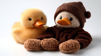 Adorable Plush Ducks Displayed on White Background with Brown Knit Outfit