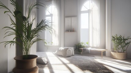 Serene Minimalist Room with Sunlight Streaming Through Windows