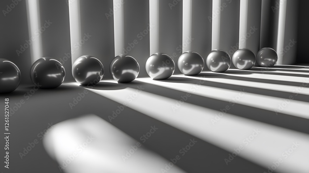Poster row of abstract spheres illuminated by light in a minimalist room setting with soft shadows and refl