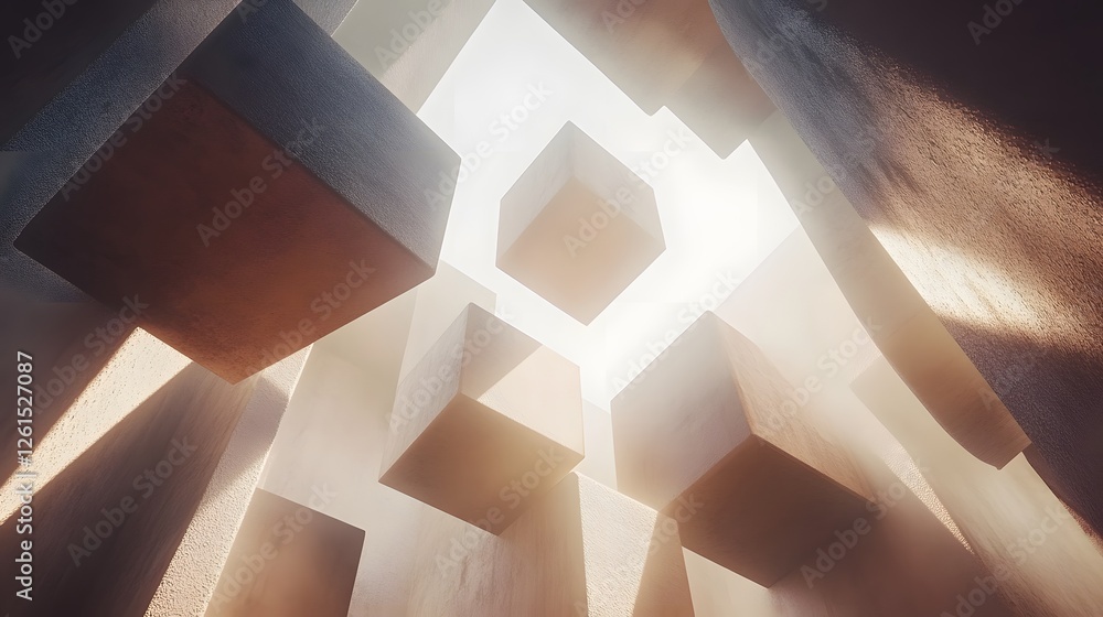 Poster light shining through window into minimalist room with sleek monochrome cubes and modern design elem