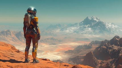 A cyborg explorer with robotic legs scans a red desert landscape on an alien planet, using augmented vision.