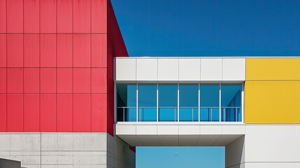 Modern architectural design featuring vibrant colors and geometric shapes under a clear blue sky