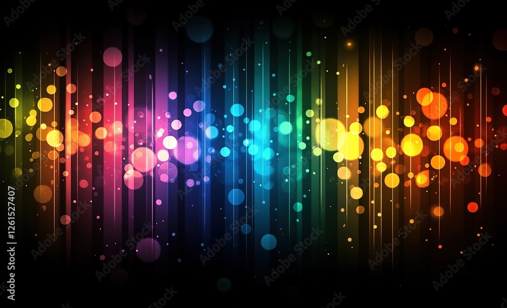 Poster vibrant rainbow lights dance dynamically across dark background with sparkling effects, creating an 