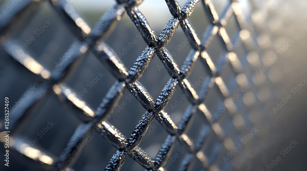 Poster close up of a chain link fence with minimalist 3d connected lines in neutral background