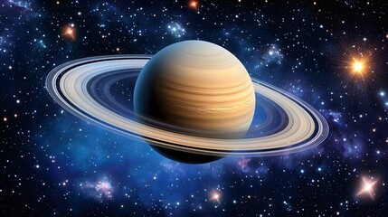 Stunning view of Saturn, its majestic rings encircling the gas giant.  Set against a backdrop of twinkling stars and nebulae in deep space. A breathtaking cosmic scene.