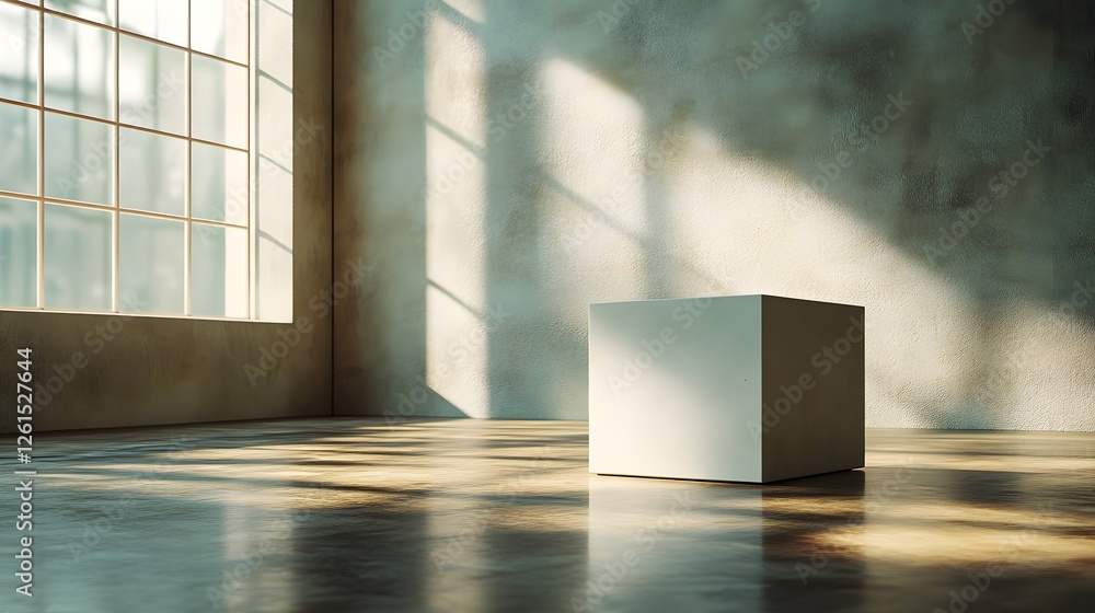 Poster white box on floor in front of window with minimalist 3d cube illuminated by soft spotlight