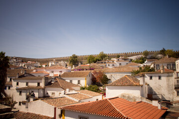 Fototapeta premium View of traditional rooftops with a medieval city wall in Óbidos, Portugal.