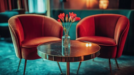 Crimson Velvet Armchairs and Flowers in a Luxurious Lounge