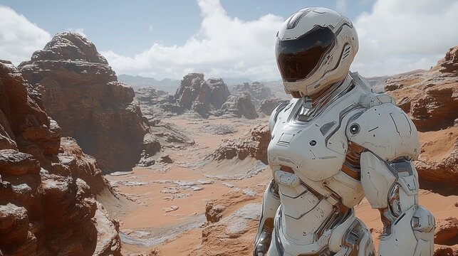 A cyborg explorer with robotic legs scans a red desert landscape on an alien planet, using augmented vision.