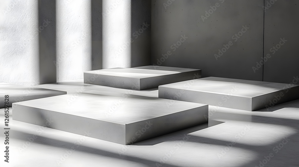 Poster group of white boxes and minimalist 3d floating rectangles on a floor in a simple arrangement