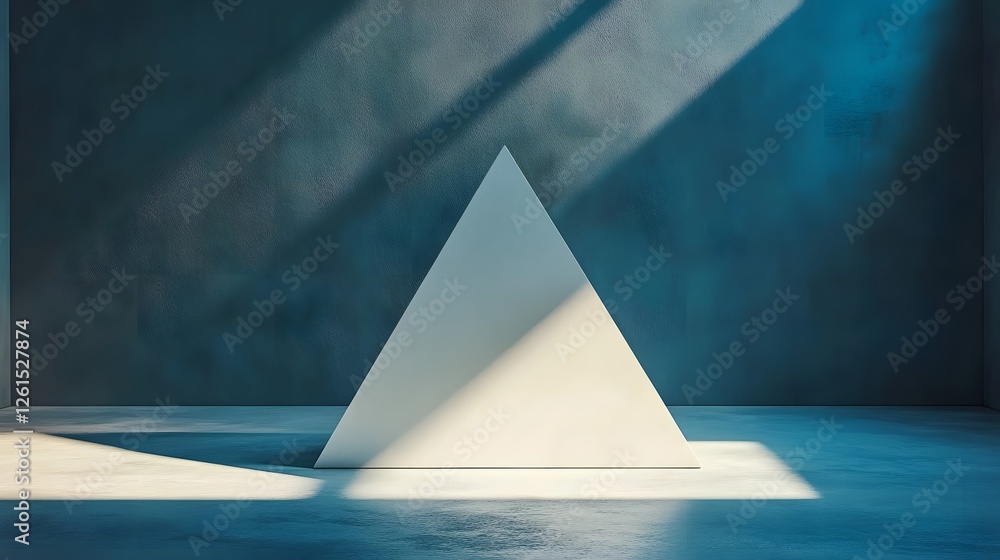 Poster minimalist 3d triangular prism on blue wall in an empty room with white triangle design element