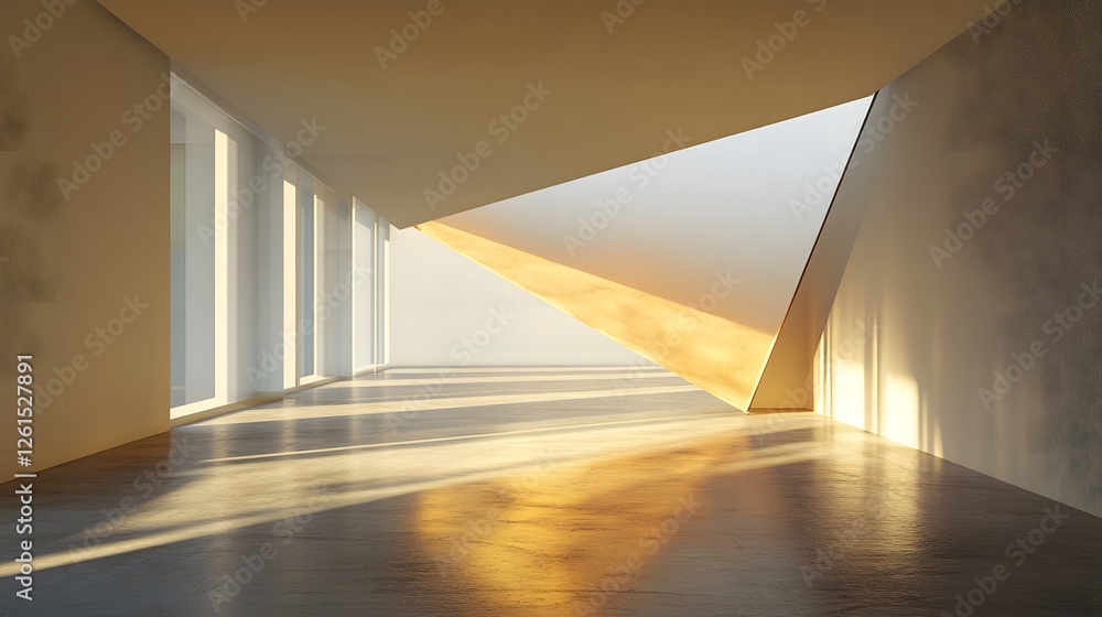 Poster minimalist room featuring large window and triangular prism set in a void with simple wall design