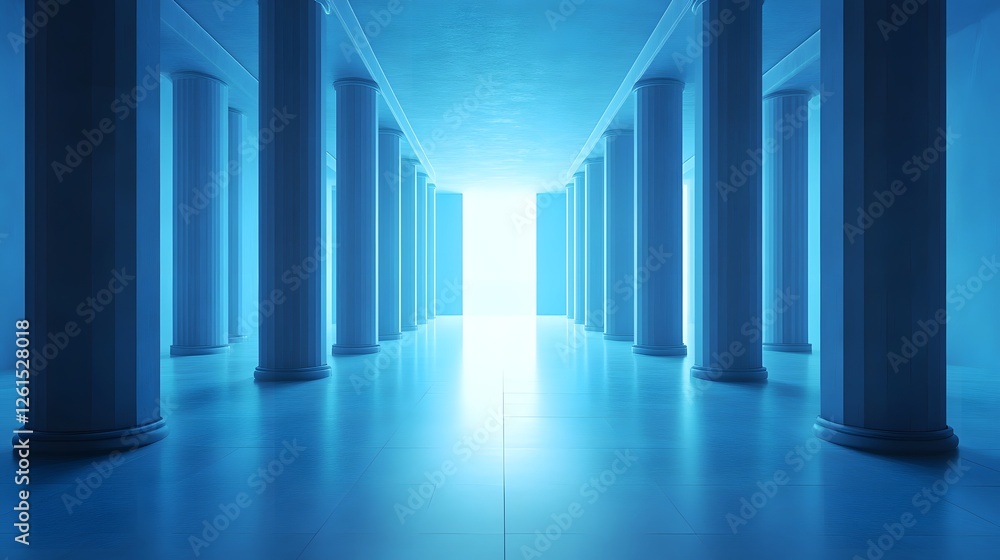 Poster long corridor with slender pillars and bright light at the end in a minimalist architectural setting