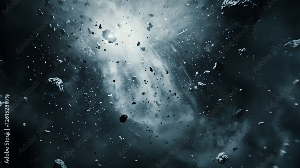 Poster a dramatic cosmic scene featuring a swirling vortex of asteroids and dust in deep space. dark, moody