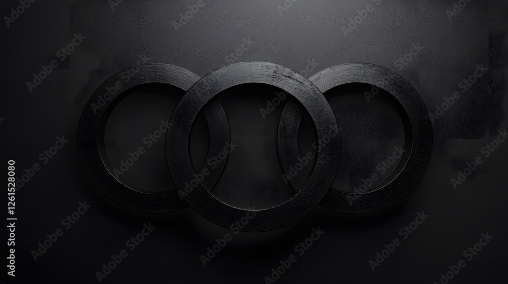 Poster three interlocking rings on a black background in a minimalist 3d design with monochrome tones