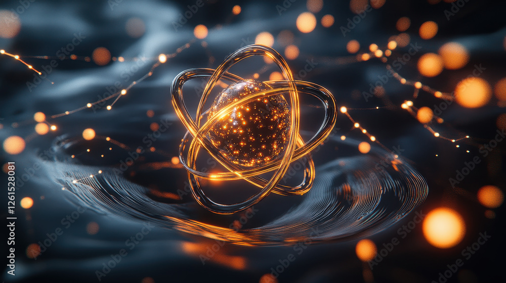 Poster abstract futuristic background with a glowing golden atomic model and other elements on a dark backd
