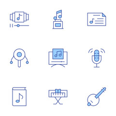 Music icons set. Line Duotone style, editable stroke. playlist, trophy, banjo, music player, rattle drum, record, music, piano, music sheet