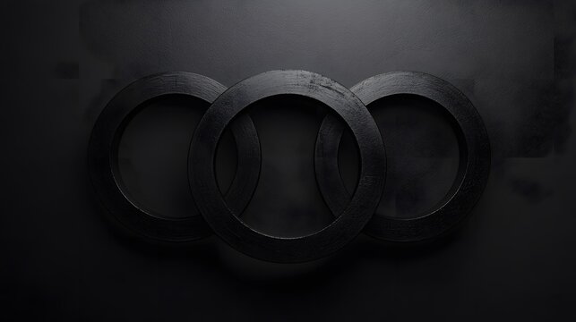 Three interlocking rings on a black background in a minimalist 3d design with monochrome tones