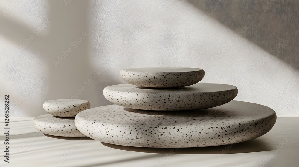 Poster stack of three white rocks on a table with minimalist geometric forms floating in the background