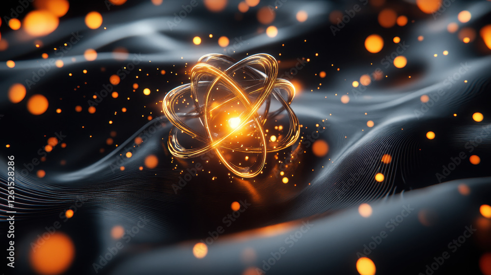 Aufkleber abstract futuristic background with a glowing golden atomic model and other elements on a dark backd